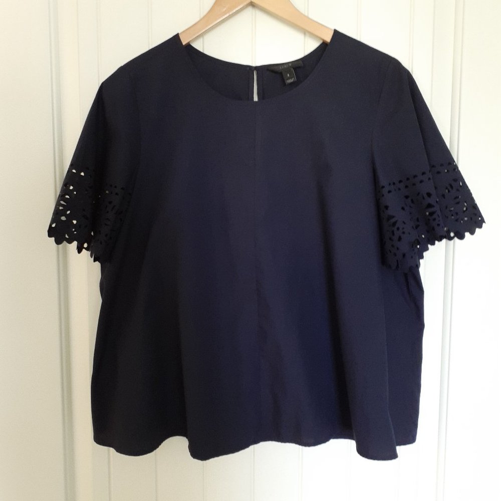 J. Crew Laser Cut Flutter Sleeve Top Navy Blue Size 6
